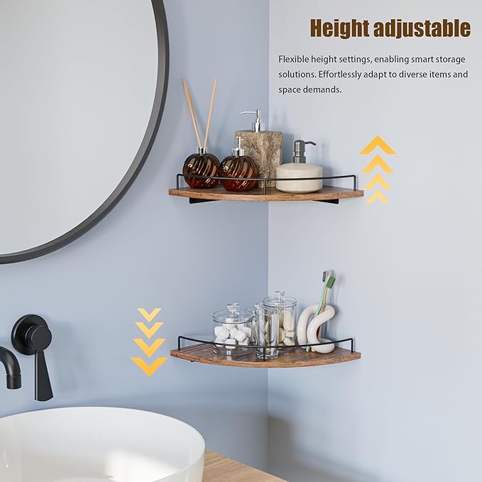 Corner Floating Shelves, Rustic Brown Wood, Wall Mount Storage - Image 4