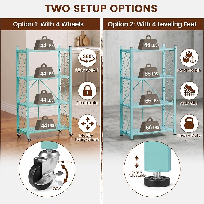 ALANNG 4 Tier Folding Storage Shelf on Wheels, Heavy Duty Metal Rolling Cart | - Image 4