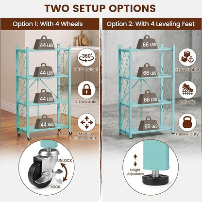 ALANNG 4 Tier Folding Storage Shelf on Wheels, Heavy Duty Metal Rolling Cart | - Image 4