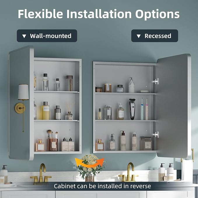 Medicine Cabinet 20 x 28 Inch, Metal Beveled Mirror, Adjustable Shelves - Image 4