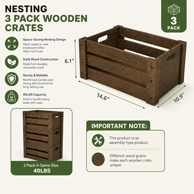 3 Pack Wooden Crates for Display Rustic Handmade Wood Crate for Storage | - Image 2