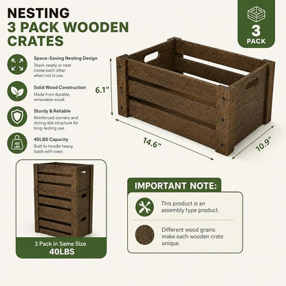 3 Pack Wooden Crates for Display Rustic Handmade Wood Crate for Storage | - Image 2