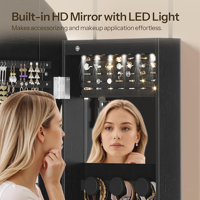HOOBRO LED Mirror Jewelry Cabinet, Wall/Door Mounted Jewelry Organizer - Image 9