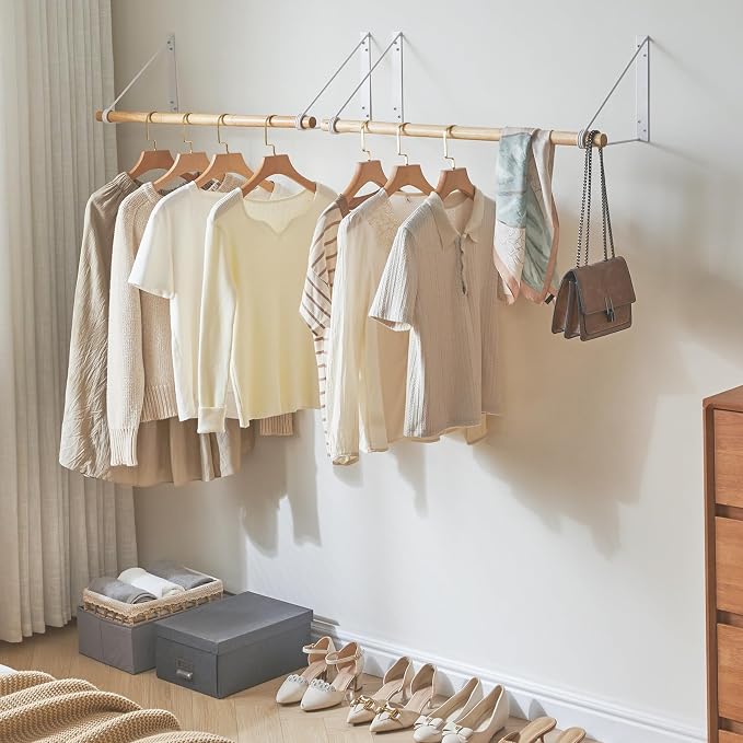 IBUYKE Wall Mounted Clothes Rack, Wood Wall Mounted Clothes Rail, Space-Saving - Image 4