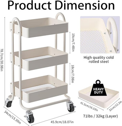 Metal Rolling Cart, 3-Tier Metal Rolling Cart - Image 3