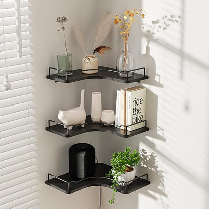 L-Shaped Corner Floating Shelves Set of 3, Rustic Wood Wall Mounted Storage - Image 2