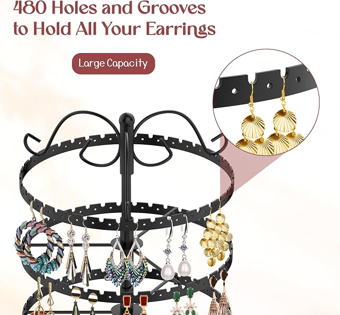 MODOWEY 6 Tier Rotating Earring Holder Organizer Stand, Adjustable Metal - Image 5