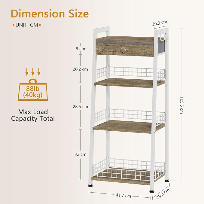 4-Tier Ladder Shelf with Drawer, Bathroom Stand Floor Storage Shelf, - Image 3