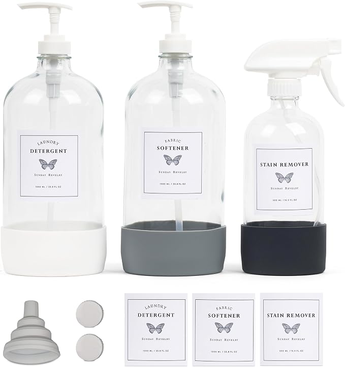 Glass Laundry Detergent Dispenser Set w/Silicone Base, 34 oz Laundry Pump by SundayRevelry