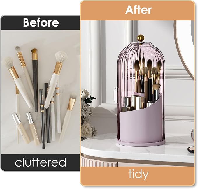 Makeup Brush Holder with Lid 360 Rotating Clear Dustproof Make Up Organizers - Image 3