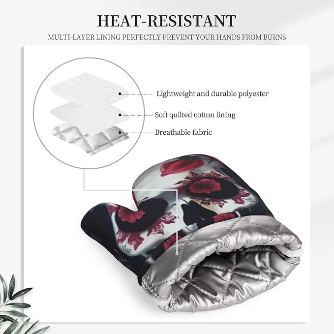 Rose Skull Eyes Print Oven Mitts Set of 2, Heat Resistant Silicone Oven Mittens - Image 5