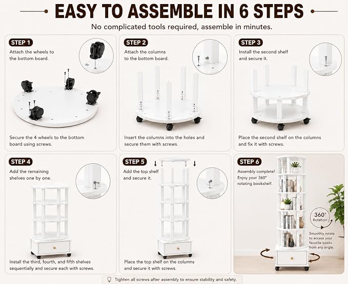6 Tier Rotating Bookshelf with Drawer, 360° Round Spinning Bookshelf Tower with - Image 8