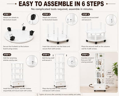 6 Tier Rotating Bookshelf with Drawer, 360° Round Spinning Bookshelf Tower with - Image 8