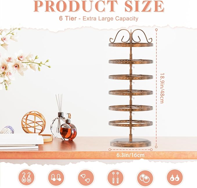 iDavosic.ly 6 Tier Metal Rotating Earring Holder Organizer Stand, Bronze | 264 - Image 3