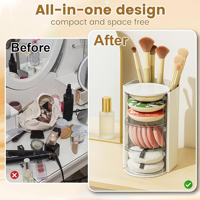 Rotating Makeup Organizer with Brush Holder, DIY 3-Layers Drawer Skincare & - Image 3