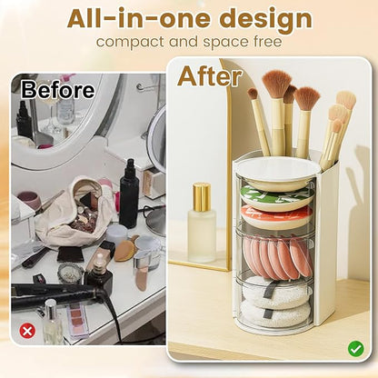 Rotating Makeup Organizer with Brush Holder, DIY 3-Layers Drawer Skincare & - Image 3
