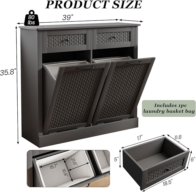 Double Tilt Out Laundry Hamper Cabinet, 10 Gallon Laundry Cabinet - Image 2