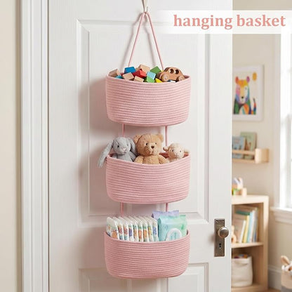 TeoKJ Over the Door Hanging Basket, 3-Tier Woven Cotton Wall-Mounted Storage - Image 4