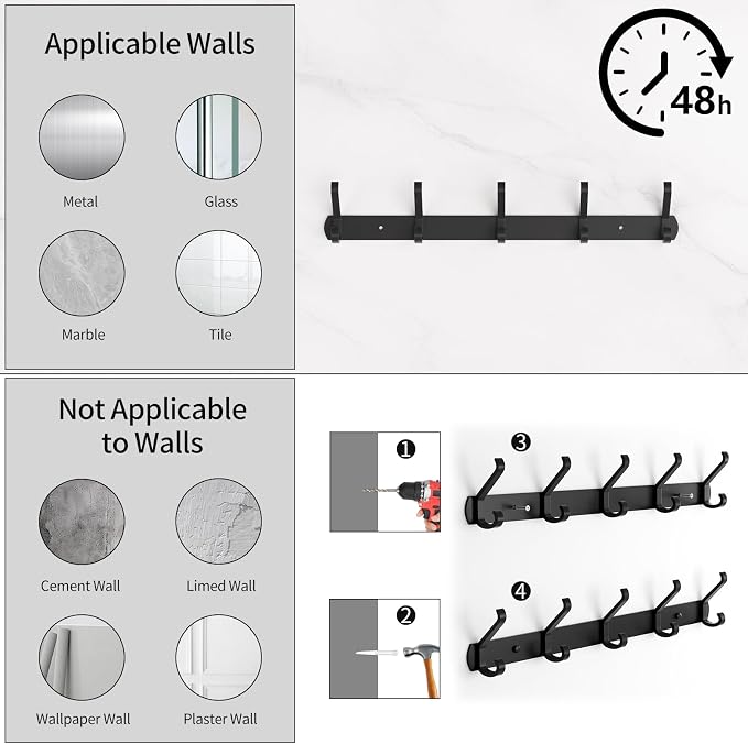 2 Pack Coat Rack Wall Mount, 17.3 in Wall Hooks - Image 4