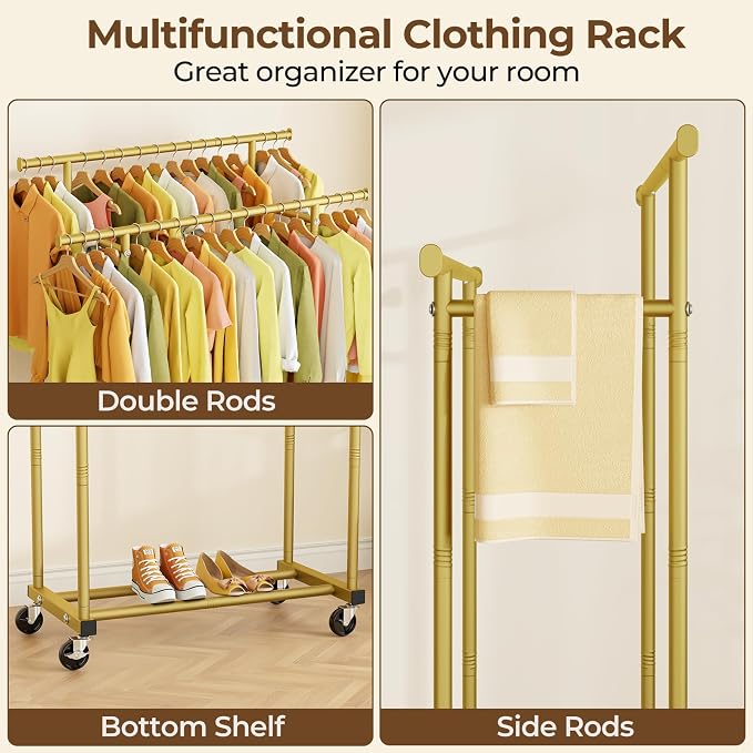 HYSEYY Double Rods Clothes Rack, Sturdy Rolling Clothing Rack, Portable - Image 7