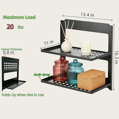 2-Tier Folding Metal Shelf Wall Mounted, Small Foldable Wall Shelf | Stackable - Image 3