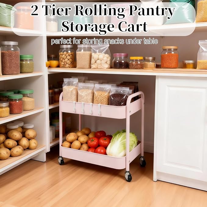 2 Tier Pink Rolling Cart with Wheels - Image 2