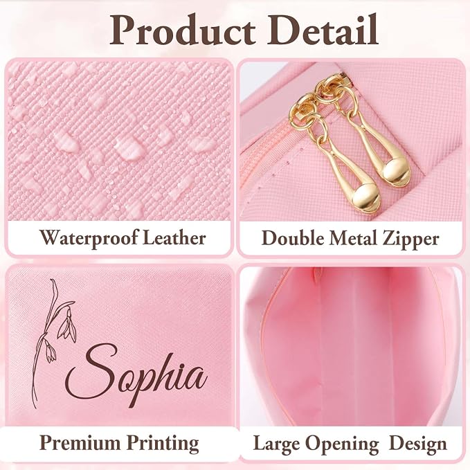 Personalized Makeup Bag with Name & Birth Flower, Custom Leather Cosmetic Bags - Image 5