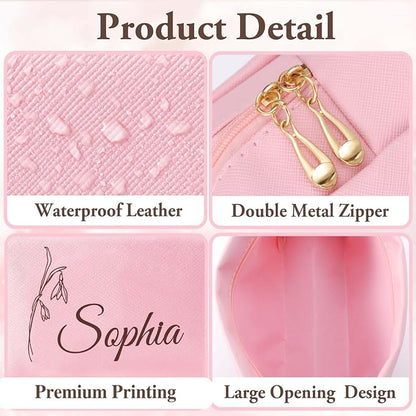 Personalized Makeup Bag with Name & Birth Flower, Custom Leather Cosmetic Bags - Image 5