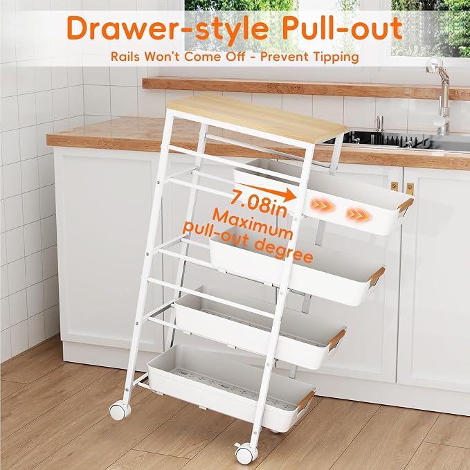 5-Tier Slim Storage Cart, Wooden Top Rolling Kitchen Cart - Image 3
