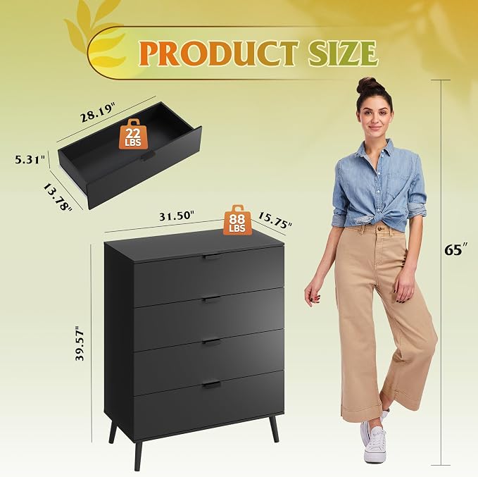 WLIVE 4 Drawer Dresser for Bedroom, Wooden Black Tall Dresser, Modern Dressers - Image 3