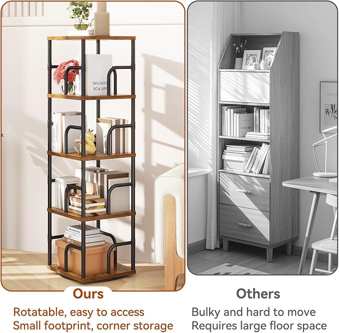 IBUYKE 5 Tier Rotating Bookshelf, Square Bookcases - Image 7