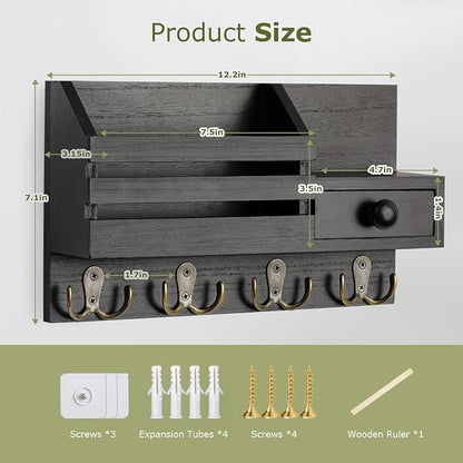 Key Holder Wall Mount, Wooden Adhesive Mail and Key Organizer - Image 5