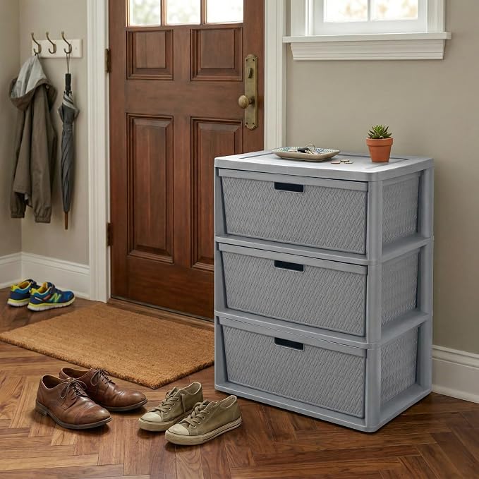 Wide 3-Drawer Plastic Storage Tower, Cross-Weave Decorative Organizer Chest - Image 2