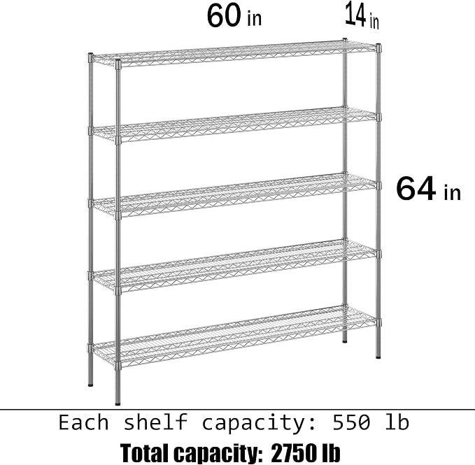 14" Deep x 60" Wide x 64" Height Wire Shelving Kit | 5-Tier | NSF Commercial - Image 3