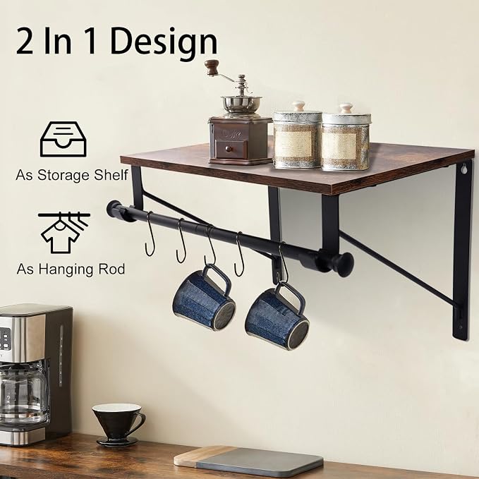 Wall Mounted Shelf with Hanging Rod, Laundry Room Shelves, Space Saving - Image 4