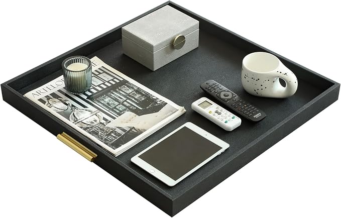 HofferRuffer Extra Large Square Serving Tray, Elegant Faux Leather Ottoman Tray - Image 4