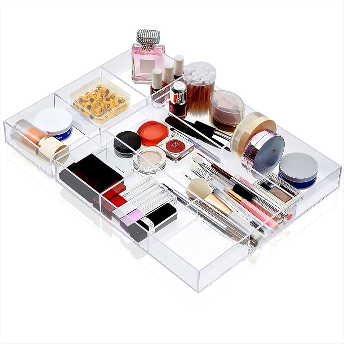 Chunful Clear Drawer Organizer 2 Pieces 6 Section Clear Desk Organizer by Chunful