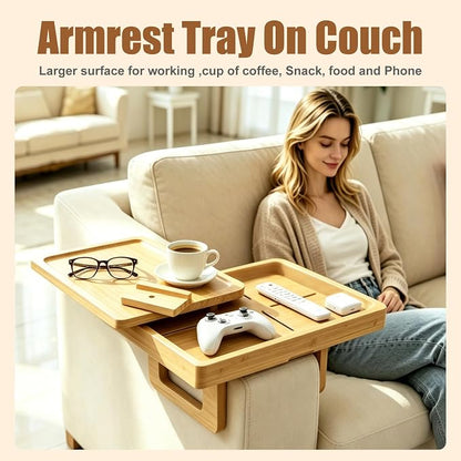 Bamboo Sofa Arm Tray Rotating Tabletop Couch Arm Table | Storage & Phone Holder - Image 3