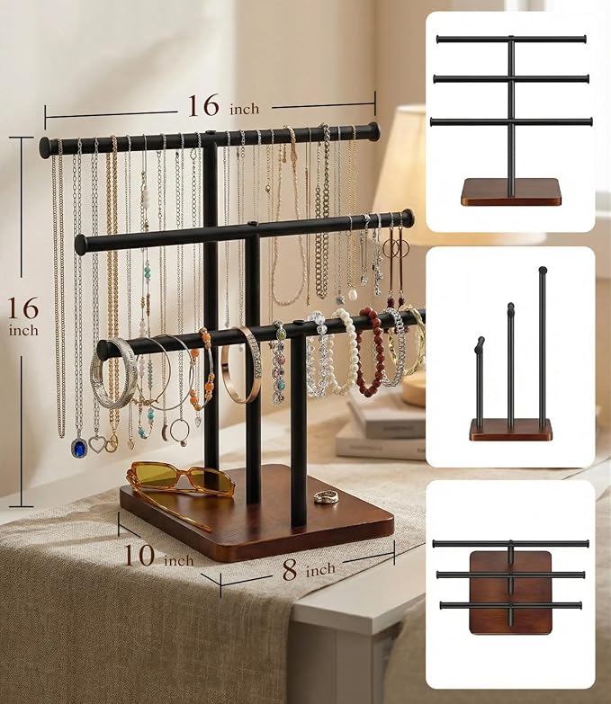 3 Tier Jewelry Holder Organizer, Bracelet Holder Display, Detachable T Bar Wood - Image 3