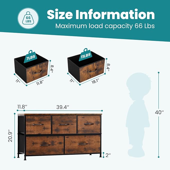 OLIXIS 5 Drawer Dresser for Bedroom, Wide Fabric Storage Tower, TV Stand for - Image 3