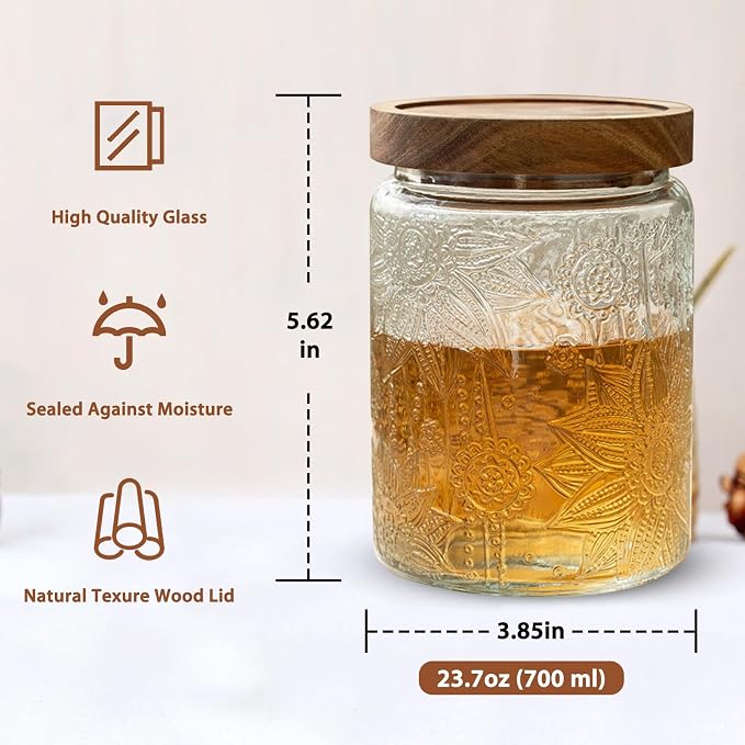 24 OZ Glass Storage Jar with Airtight Bamboo Wooden Lids, Vintage Food - Image 2