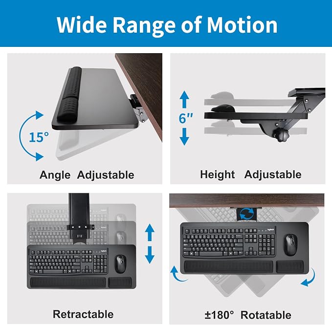 Keyboard Tray Under Desk, 25x9.84'' Large Slide Out Swivel Tilt Computer - Image 3
