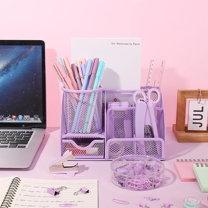 Purple Mesh Desk Organizer and Accessories, Tape Dispenser, 1000 Staples - Image 5