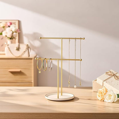 Gold Jewelry Holder Stand with Ceramic Tray: Small Hanging Necklace Organizer - Image 3