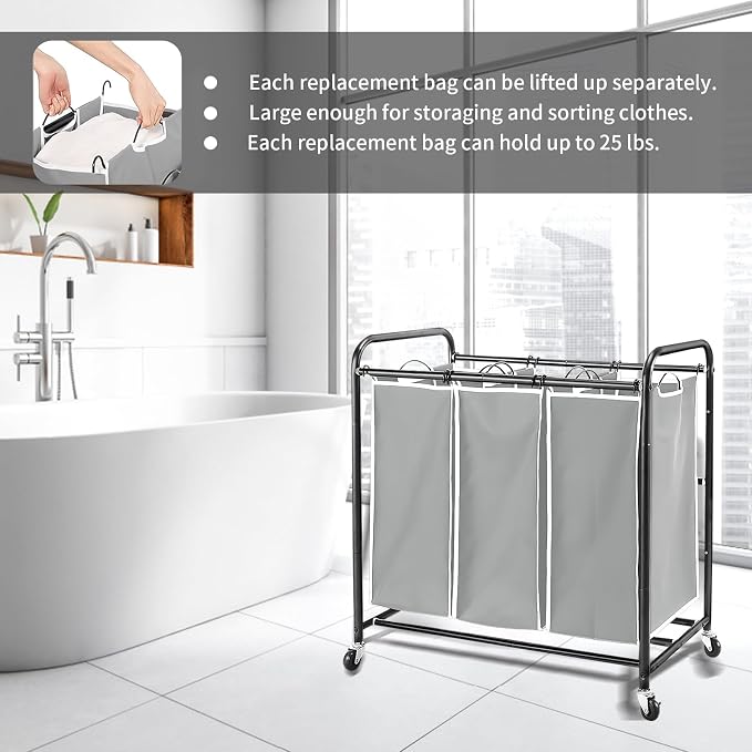 3 Bag Laundry Sorter Replacement Bags, Augot Large Hamper Cart Removable - Image 5