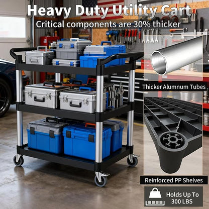 Plastic Utility Carts with Wheels, 3-Tier Rolling Service Cart, 300 lbs Heavy - Image 4