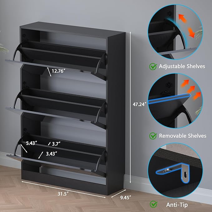 BORNOON Shoe Cabinet with 3-Flip Mirror Drawers, Freestanding Shoe Rack - Image 2