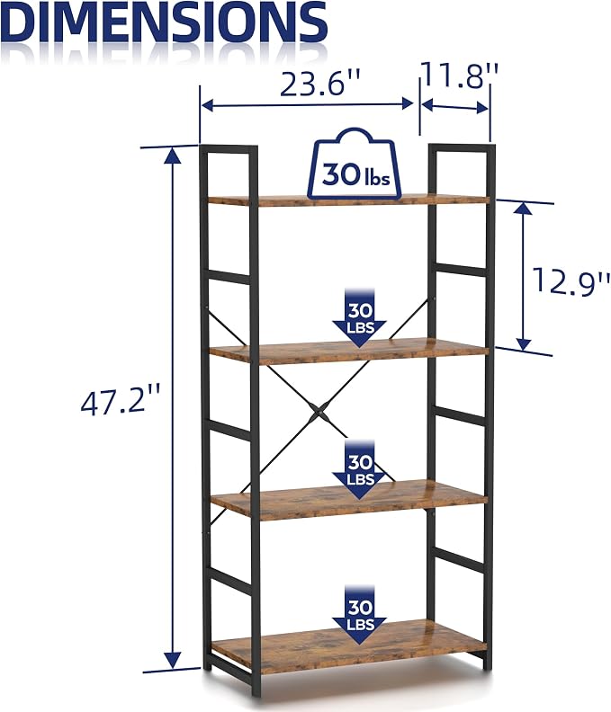 NUMENN 4 Tier Bookshelf, Tall Freestanding Open Storage Bookcase, Vintage | - Image 3