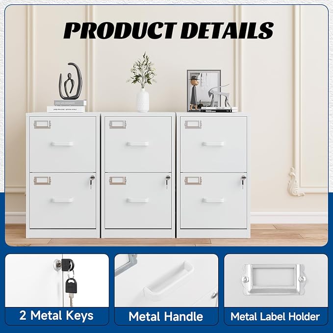 2 Drawers File Cabinet White Metal Vertical Filing Cabinets Metal Lockable - Image 5