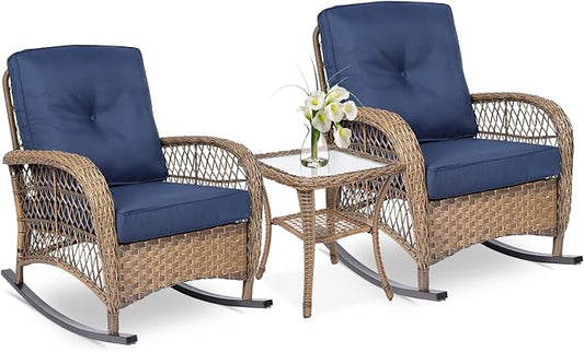 VIVIJASON 3-Piece Outdoor Conversation Bistro Set, Patio Wicker Rocking Chairs by VIVIJASON